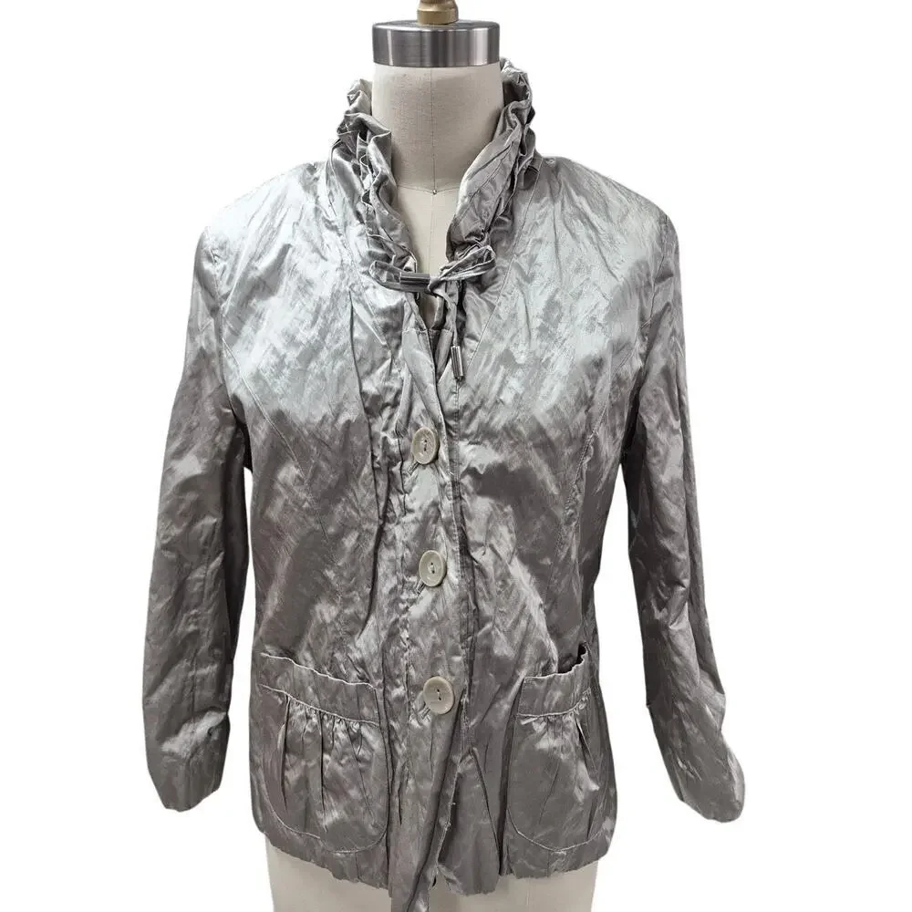 Chico's Cotton/Poly Blend Metallic Crushed Satin Pale Green Jacket Sz 1( S/M)
